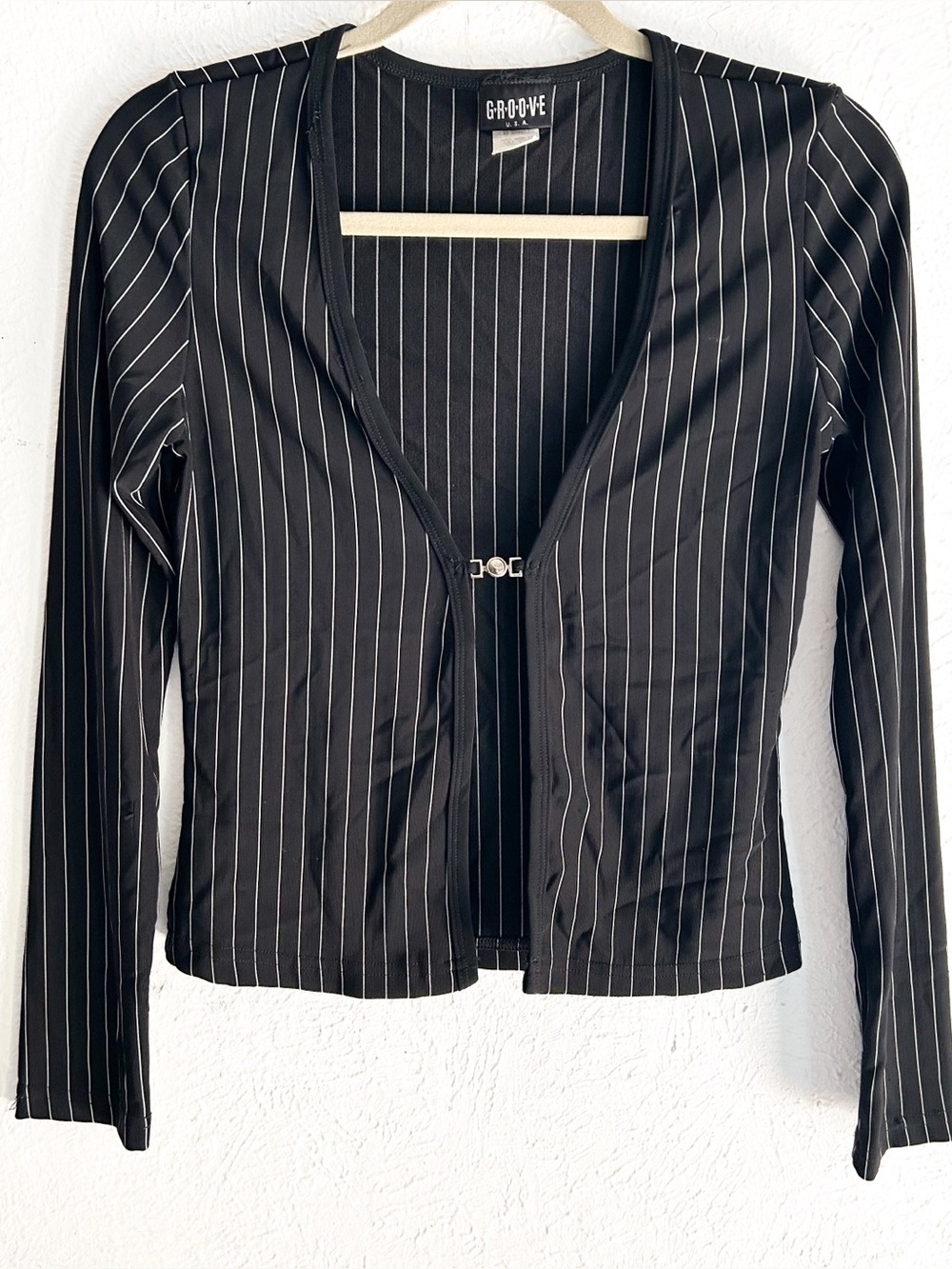 Vintage Y2K Groove Pinstripe Hook Front Long Sleeve Top Black medium